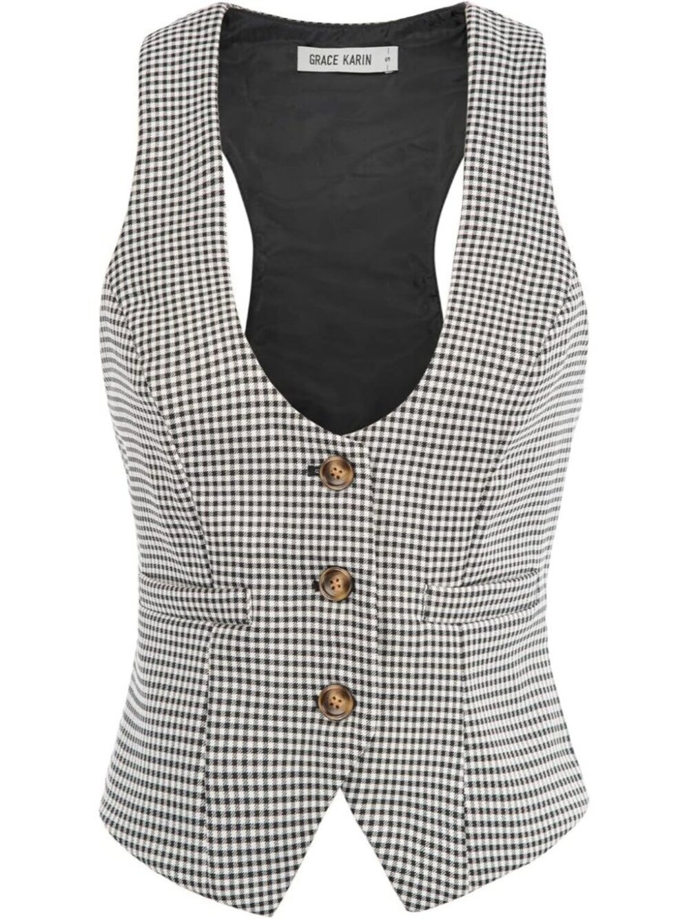 Women's Black Plaid Dressy Casual Sleeveless Button Waistcoat Suit Vest Tops